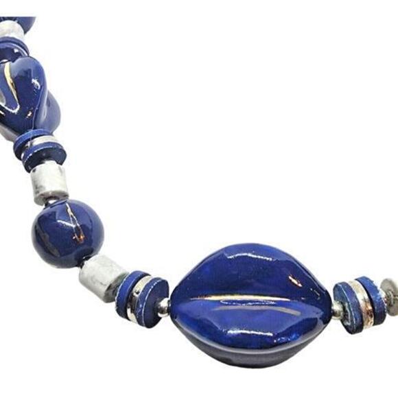 Vintage Necklace Chunky Retro Japan Cobalt Blue Gray Beads 80s Style 26" - Picture 8 of 8